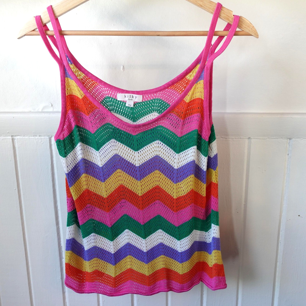 Kilky Paris Tank Top Womens One Size Rainbow Chevron Knit Cami Crochet‎ Retro